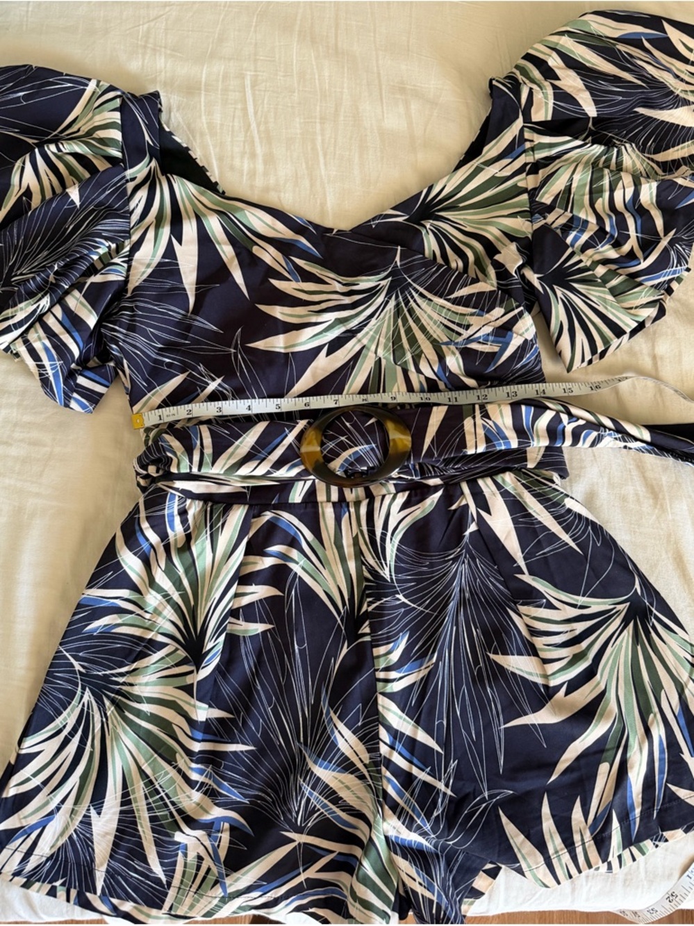 Tropical Print Puff Sleeve Romper in Navy, Cream & Sage Chicways size M